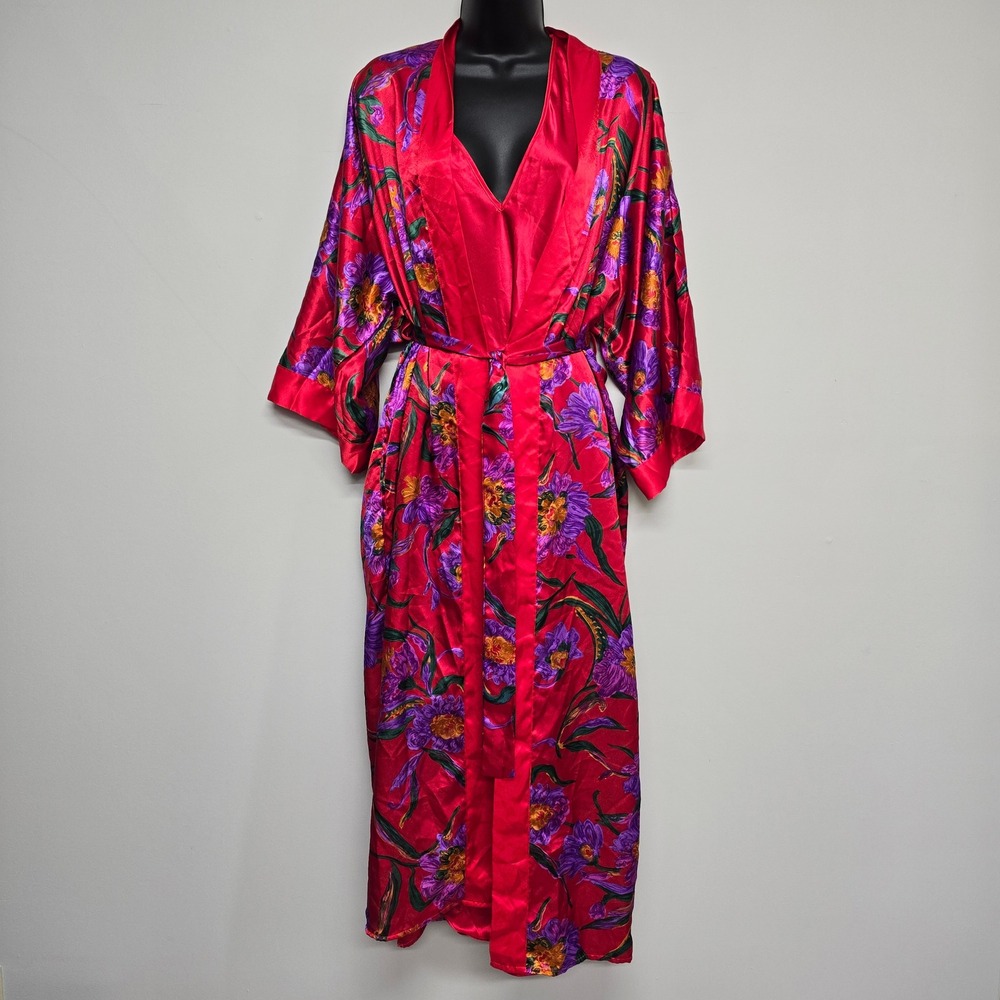 Vintage Vandemere Robe Nightgown Set Womens‎ Small Red Floral Satin Lingerie 90s